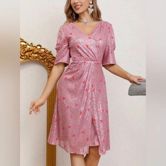 Fairy Faeriesty Glam Pink Sequin Midi Dress Sparkle Luxury Luxe Hearts M - Picture 6 of 6